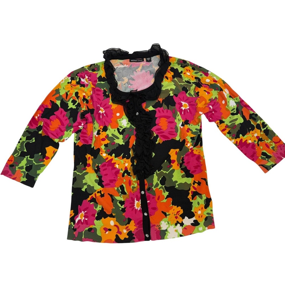 Michael Simon Rhinestone Floral Ruffle Cardigan Top Knit Colorful Women's Sz XL